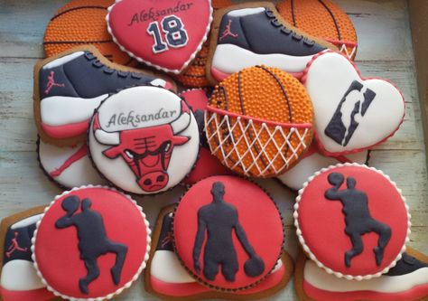 Chicago Bulls inspired decorated cookies Michael Jordan Cookies, Jordan Cookies, Side Veggies, Jordan Cake, Basketball Cookies, Sneaker Ball, Basketball Cake, Basketball Birthday Parties, Basketball Birthday