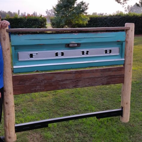 Tailgate headboard project from reclaimed wood. This was a weekend project with my mom and it turned out pretty good considering we had no plans to work off. Truck Tailgate Headboard, Tailgate Headboard Diy, Tailgate Headboard, Rustic Industrial Bedroom, Tailgate Bench, Grandkids Room, Headboard Projects, Truck Room, Car Parts Decor