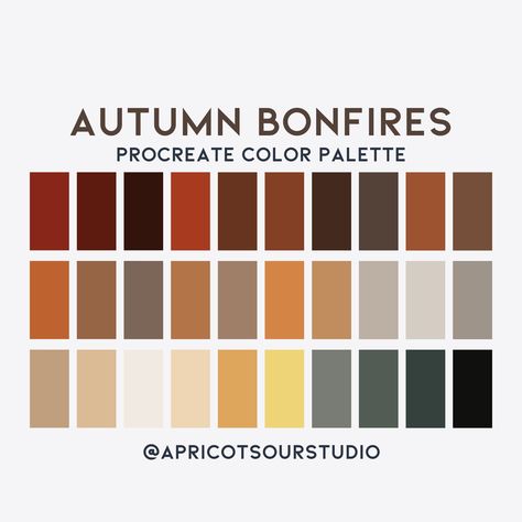 "*DIGITAL DOWNLOAD* Enhance your digital artwork with the warm and captivating hues of the Autumn Bonfire color palette for Procreate. This meticulously crafted collection of colors is inspired by the cozy and enchanting atmosphere of a bonfire on a crisp autumn evening. Revitalize your digital art with the captivating palette of Autumn Bonfire Vibes. Each color has been thoughtfully curated to help you infuse the magic of an autumn bonfire into your creations. Elevate your artwork and evoke the cozy feelings of the season. Get started on your fall-themed projects today! Please note that this listing is for a digital download only. No physical items will be shipped. Upon purchase, you will receive a downloadable .swatches file that can be easily imported into your Procreate app. Product De Autumn Pantone Palette, Autumn Color Pallet, Warm Fall Color Palette, Warm Autumn Color Palette, Fall Colour Palette, Color Palette Autumn, Autumn Bonfire, Autumnal Palette, Color Palette For Procreate