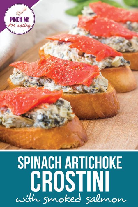 These spinach artichoke dip crostini with smoked salmon are sure to be a hit! With a summery lemon tang, this recipe makes a perfect warm-weather appetizer. You can make everything in 30 minutes, or dip and crostini can be made separately in advance! Cold Spinach Artichoke Dip, Artichoke Crostini, Smoked Salmon Appetizer, Steamed Spinach, Salmon Appetizer, Awesome Appetizers, Raw Salmon, Moroccan Cooking, Crostini Recipes