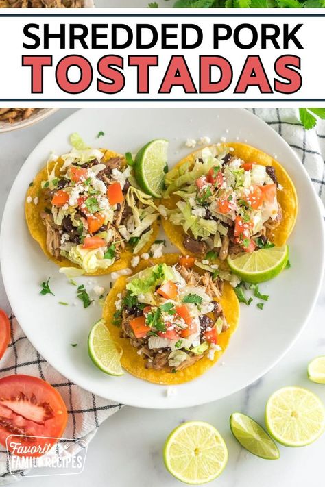 Shredded Pork Tostadas are easy and so flavorful! Tender pork is made in a slow cooker with so many spices and flavors and the tortillas are baked, not fried, making this a light, delicious meal. These shredded pork tostadas are so packed with flavor and really easy to put together. Pork Tostadas, Shredded Pork Recipes, Amazing Slow Cooker Recipes, Tostada Recipes, Yummy Seafood, Hearty Casseroles, Shredded Pork, Baked Pork, Savory Chicken