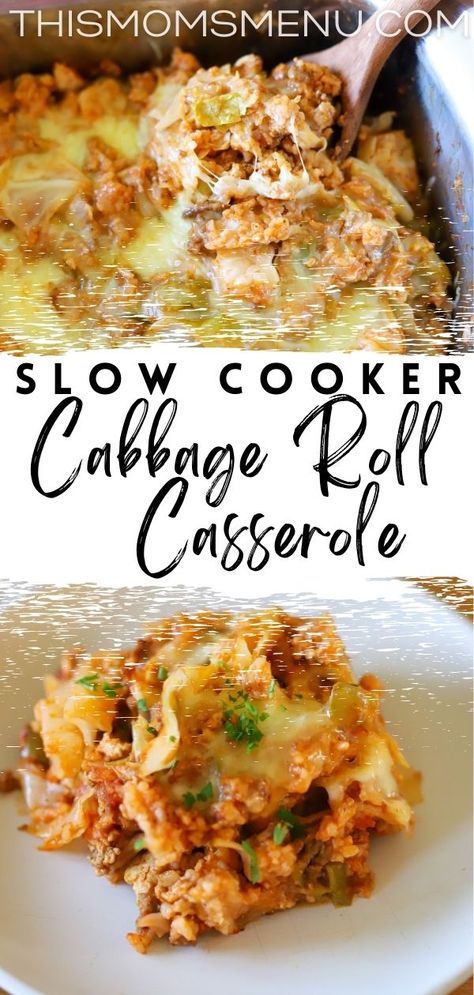 This casserole has ground beef, onion, cabbage, and rice cooked in tomato sauce - all the components of traditional cabbage rolls, but with none of the hassle of making individual rolls. Simply toss everything in a slow cooker for a set-it-and-forget-it casserole. Crockpot Cabbage Roll Casserole With Rice, Slow Cooker Cabbage, Slow Cooker Cabbage Rolls, Crockpot Foods, Cabbage Casserole Recipes, Cabbage Roll Casserole, Crock Pot Cabbage, Slow Cooker Casserole, Beef Cabbage