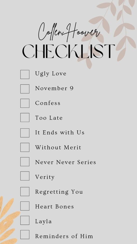 Collen Hoover Book Checklist Coho Books List, Colleen Hover Checklist, Booktok Book List, Reminder Of Him Aesthetic, Collen Hover All Books List, Book List Aesthetic, Colleen Hoover Book List, Collen Hoover Checklist, Books From Booktok