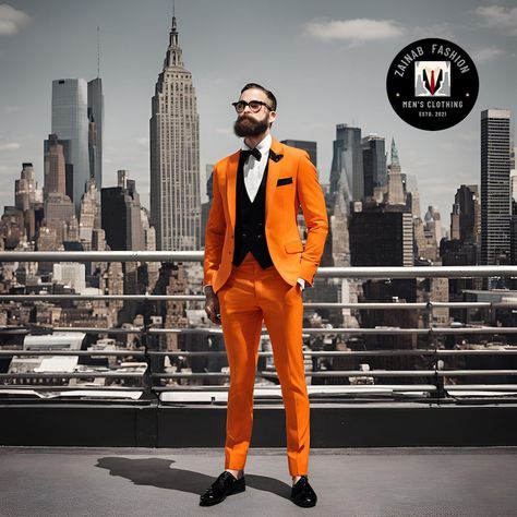 Trending Suits, Designer Tuxedo, Suit Groom, Prom Suits For Men, Orange Suit, Formal Fashion, Black Pants Men, Stylish Suit, Prom Suits