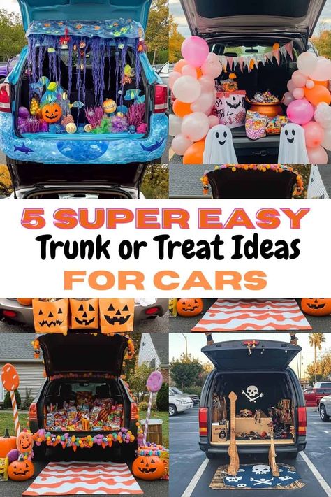 Four cars in a parking lot that are decorated with candy for Halloween trunk and treat party. Trunk Or Treat Ideas For Van, Nursing Survival Kit, Easy Trunk Or Treat, Creative Decoration Ideas, Trunker Treat Ideas, Church Trunk, Halloween Car Decorations, Trunk Or Treat Ideas, Donut Box