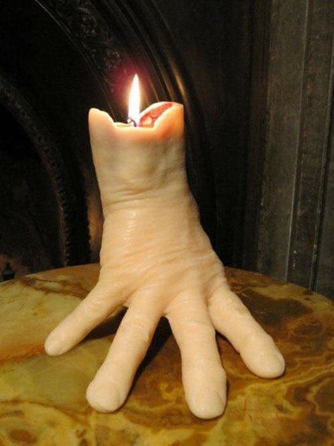 I so so so want this! #ilovetheaddamsfamily Funky Candles, Creepy Hand, Creative Candles, Horror Decor, Witchy Stuff, Haunted Houses, Creative Idea, Sand Art, Hand Candle