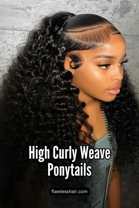 Voluminous Curly Half-Up Weave Ponytail Half Up Half Down With Bow, Curly Weave Ponytail, Curly Ponytail Weave, Half Up Half Down Ponytail, High Curly Ponytail, Quick Weave Styles, Half Cornrows, Curly Weave, Weave Ponytail