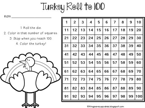 Turkey Roll to 100 math freebie Turkey Math Kindergarten, Thanksgiving Math First Grade, Kids Thanksgiving Art Projects, Turkey Number Matching, Turkey Math Games, Turkey Addition, Turkey Writing First Grade, Thanksgiving Read Aloud, Turkey Roll