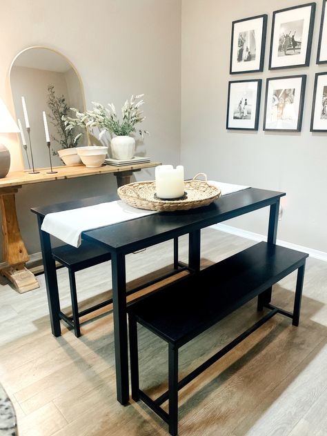 Black Bench Dining Table, Bench Dining Table Decor, Bench Table Dining Room, Bench Style Dining Table, Black Dining Table Decor, Black Dining Bench, Minimalist Dining Room Table, Dining Table Bench, Table With Bench