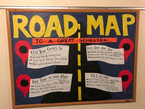 Road and travel themed RA bulletin board with tips for a great semester Hotel Bulletin Board Ideas, Road Trip Bulletin Board, Ra Bulletin Board Ideas Spring, Ra Travel Theme Bulletin Boards, College Hall Themes, Map Bulletin Board Ideas, Travel Theme Bulletin Board, College Bulletin Board Ideas, Travel Bulletin Boards