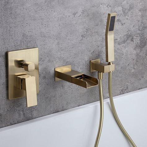 Brass Bathtub Faucet, Brass Bathtub, Waterfall Tub Faucet, Modern Waterfall, Modern Bathroom Renovations, Bathtub Filler, Wall Mount Tub Faucet, Bathtub Remodel, Waterfall Wall