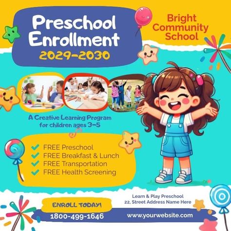 Design created with PosterMyWall Preschool Flyer, Enrollment Poster, Linkedin Background Image, Linkedin Background, Kindle Book Cover, Concept Map, Etsy Banner, Campaign Posters, Health Screening