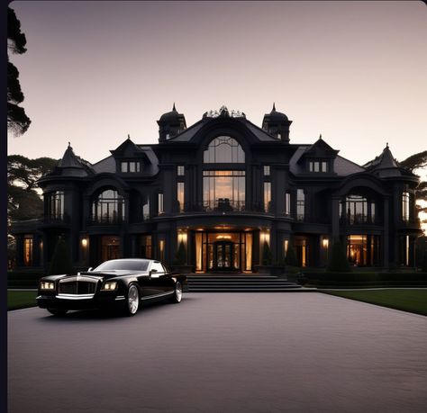 Dark Mansion Aesthetic, Black Luxury House, Mafia House Aesthetic, Black Modern House, Dark Modern House, Dream House Pictures, Castle House Plans, Mansion Aesthetic, Mansion Exterior