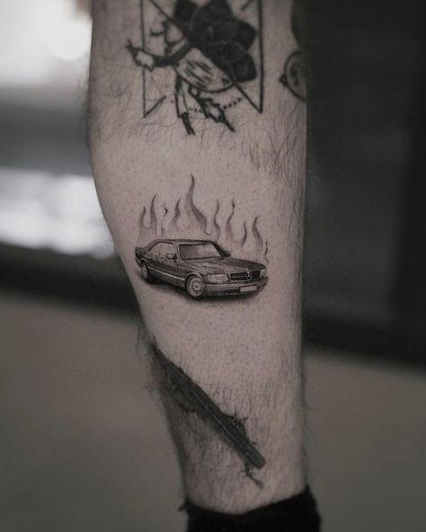 Realistic Car Tattoo, F40 Tattoo, Car On Fire Tattoo, Old Car Tattoo, 4x4 Tattoo, Vintage Car Tattoo, Mh Tattoo, Truck Tattoo, New Tattoo Designs