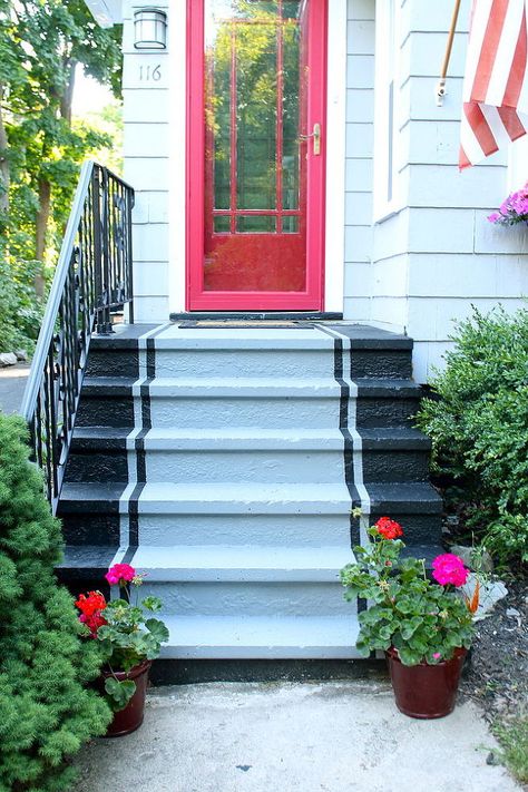 We Added Some More Curb Appeal - Since buying our 1928 Craftsman style house, we have added a new roof, shutters, new front windows, window boxes, and had it pa… Easy Curb Appeal Ideas, Concrete Front Steps, Painted Porch, Painted Concrete Steps, Porch Stairs, Porch Paint, Painted Concrete, Concrete Patios, Hgtv Magazine