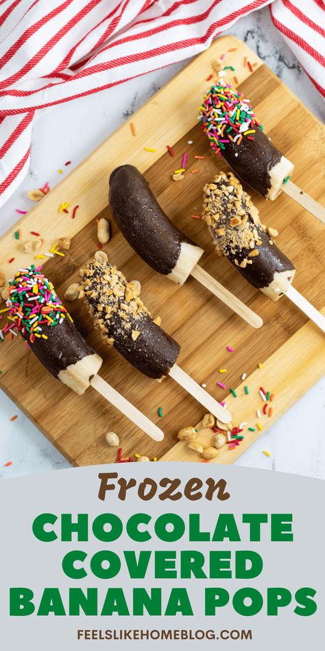 Frozen Chocolate Covered Banana Popsicles - Feels Like Home™ Frozen Banana Pops, Chocolate Covered Bananas Frozen, Banana Popsicles, Banana Dip, Banana Pops, Salted Peanuts, Chocolate Covered Bananas, Fun Dessert, Frozen Bananas