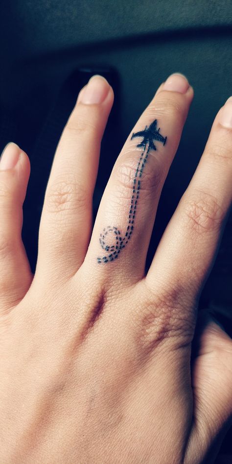 My Fighter jet tattoo. Finger tattoo. Airplane tattoo. #tattoo #airplane #fingertattoo Jet Plane Tattoo, Air Force Tattoo Ideas, Fighter Jet Tattoo, Aeroplane Tattoo, Jet Tattoo, Tattoo Airplane, Couple Tats, Air Force Tattoo, Tattoo On Finger