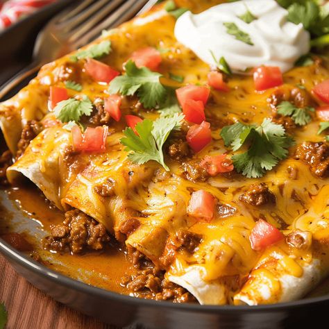 Delicious ground beef enchiladas with homemade enchilada sauce, perfect for a flavorful Mexican meal. Ready in just 40 minutes! Tex Mex Ground Beef Enchiladas, Baked Beef Enchiladas, Beef Enchiladas With Chili Sauce, Red Sauce Enchiladas Beef, Enchilada Pie Recipe Ground Beef, Uses For Enchilada Sauce, Flat Enchiladas Recipe, Homemade Beef Enchiladas, Mexican Food Recipes With Ground Beef