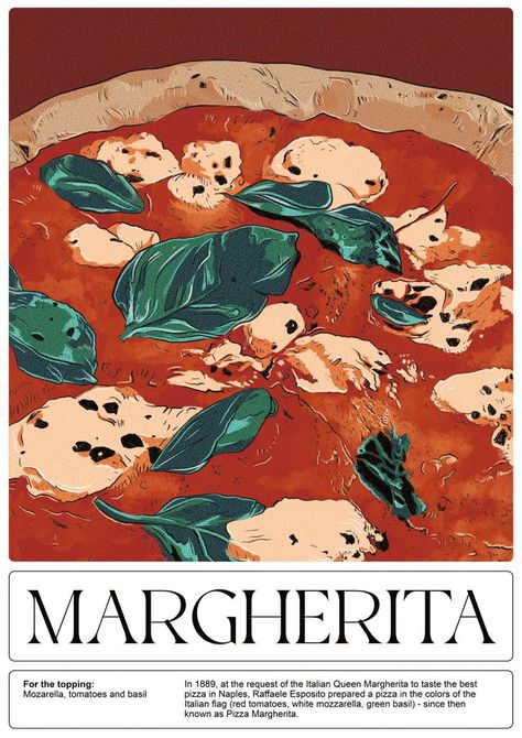 illustrated pizza with a title "Margherita" and a recipe Strong Color Palette, Print Poster Design, Pizza Poster, Restaurant Poster, Pizza Design, Vintage Poster Design, Margherita Pizza, Graphic Design Fonts, Vintage Poster Art