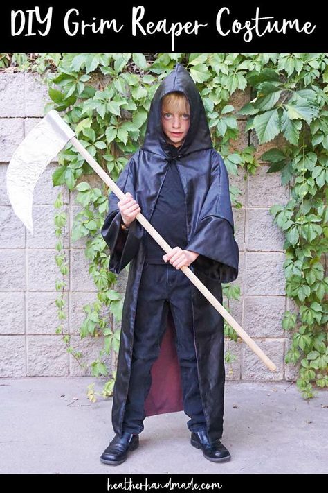 Learn how to make an easy DIY grim reaper costume. Make a simple black cloak, wear black clothes, and add a DIY scythe for a quick costume.

My son asks to be a scary, classic Halloween character almost every year. He’s been a ghost, a vampire, and a werewolf. He has mentioned wanting to be a grim reaper, and I realized it’s one of the easiest costumes to put together.

A DIY grim reaper costume is a black cloak, either purchased or handmade, black clothes and shoes, and a DIY scythe that I made Diy Scythe, Diy Grim Reaper Costume, Diy Grim Reaper, Grim Reaper Costume Kids, Grim Reaper Scythe, Grim Reaper Costume, Reaper Costume, Quick Costumes, Halloween Character