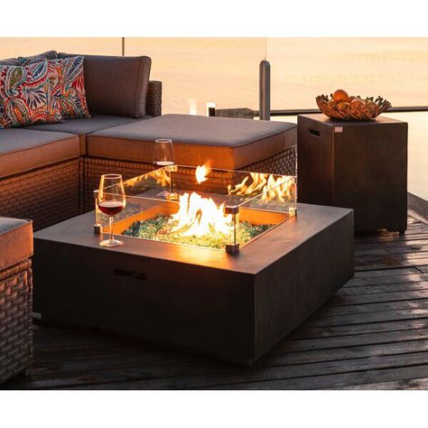 Lechlade Concrete Propane Fire Pit Table Deck With Fire Pit Ideas, Patio Furniture With Fire Pit Table, Small Outdoor Fire Pit, Propane Fire Table, Backyard Plans, Fire Pit Table Set, Propane Fire Pit Table, Grayish Green, Square Fire Pit