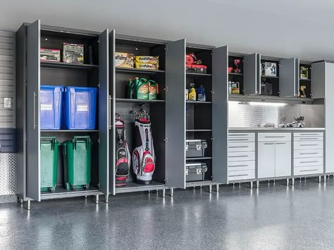 Large Garage Organization Ideas, Sliding Garage Storage, Tool Room Ideas Small Spaces, Garage Systems Organization Ideas, Floor To Ceiling Garage Cabinets, Modern Garage Storage Ideas, Garage Cupboards Storage, Garage Organisation Ideas, Garage Cabinet Colors