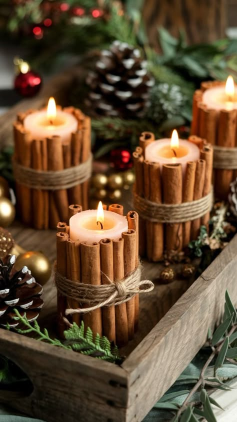 Enhance your decor with rustic christmas jars decorations, using mason jars filled with fairy lights, pinecones, or seasonal treats for a cozy touch. Navidad Natural, Cinnamon Stick Candle, Winter Decorating Ideas, Christmas Decorations Centerpiece, Natural Christmas Decor, Christmas Candle Decorations, Winter Decorating, Winter Decorations, Natural Christmas