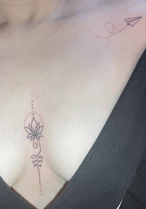 Small In Between Breast Tattoo, Below Breast Tattoo, Unalome Tattoo Sternum, In Between Chest Tattoo Female Simple, Lotus Sternum Tattoo Women, Sternum Lotus Tattoo, Lotus Flower Tattoo Sternum, Lotus Underboob Tattoo, Lotus Flower Sternum Tattoo