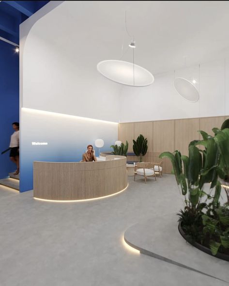 Medical Lobby Reception Waiting Area, Tech Office Reception Design, Office Blue Design, Blue Waiting Room, Small Office Reception, Spa Office, Reception Area Design, Information Desk, Contemporary Office Design