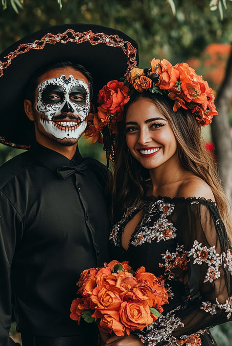 Mexican Halloween Costume for Couple + Makeup inspo Day Of The Dead Couple Costume, Creative Couples Halloween Costumes, Movie Couples Costumes, Mexican Halloween Costume, Best Movie Couples, Mexican Couple, Most Creative Halloween Costumes, Mexican Halloween, Couples Halloween Costumes