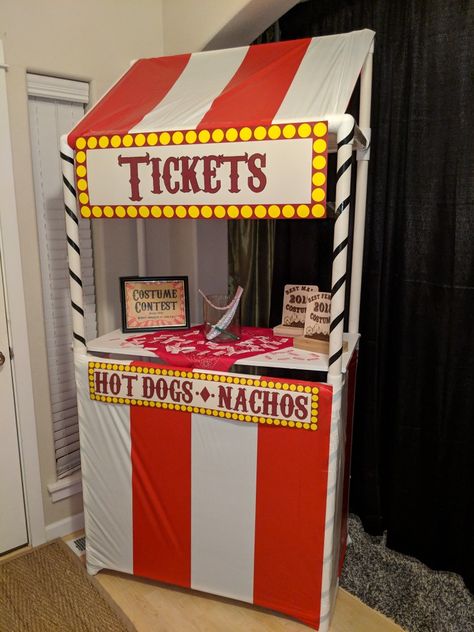 Circus Concession Stand, Movie Booth Design, Ticket Booth Diy, At Home Carnival, Diy Movie Tickets, Carnival Ticket Booth, Movie Night Fundraiser, Circus Vbs, Circus Food