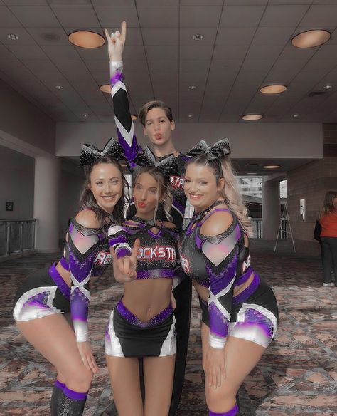 Competitive Cheer Uniforms, Purple Cheer Uniform, Allstar Cheer Aesthetic, All Star Cheer Uniforms, Cheer Aesthetic, Cheer Flyer, Cheer Costumes, Cheer Backpack, Cheer Team Pictures