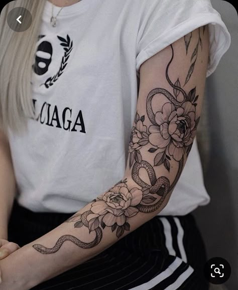 Snake Arm Sleeve Tattoo, Snake Arm Sleeve, Snake And Flowers Tattoo, Pretty Flower Tattoos, Arm Sleeve Tattoo, Snake Tattoo Design, Tattoos For Women Half Sleeve, Forearm Sleeve Tattoos, Floral Tattoo Sleeve