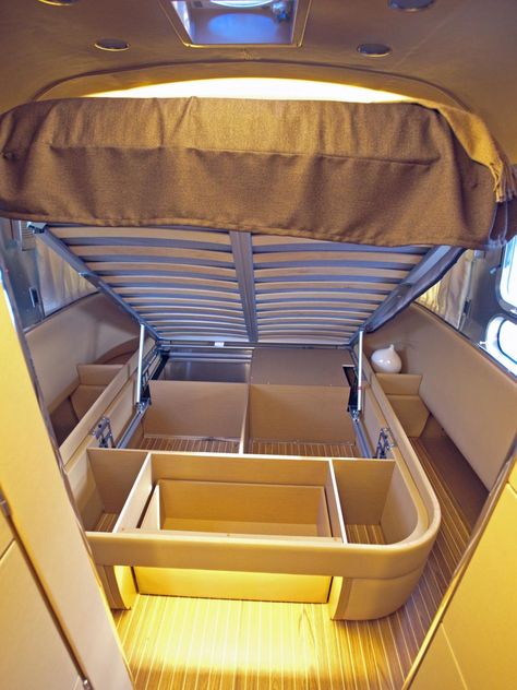 Airstream Landyacht: Bed Storage Rv Storage Solutions, Travel Trailer Organization, Trailer Storage, Camper Organization, Rv Travel Trailers, Rv Bathroom, Camper Hacks, Kombi Home, Camper Storage