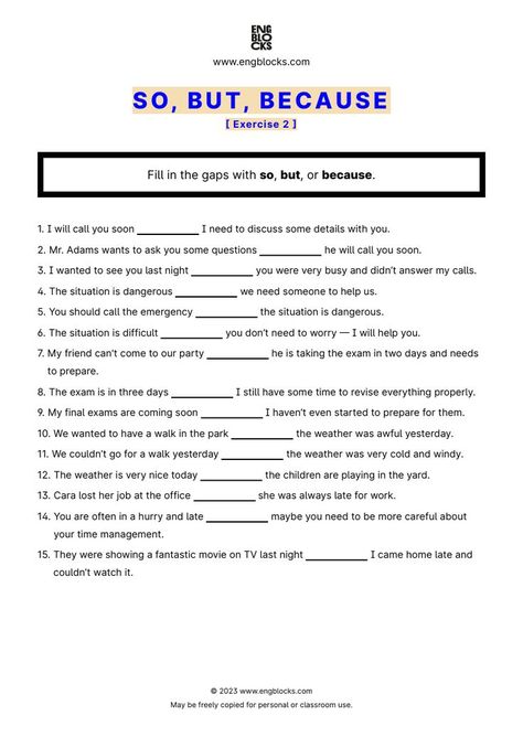 #english #englishgrammar #sobutbecause #sobutbecauseworksheet #esl #eslworksheet  #engblocks #eslwebsite So Because Worksheet, Free Print, Some Questions, Esl Worksheets, Very Busy, Need Someone, Grammar, No Worries