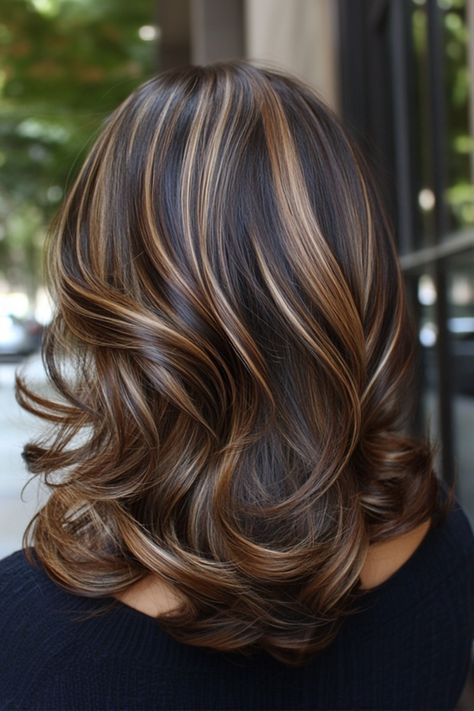 Explore the hottest dark caramel balayage styles of 2024 for a chic and stunning new look. Dive into top trends today! #CaramelBalayage2024 #SubtleBalayage #DarkHairGoals #FallBalayage #DimensionalHair #NaturalBalayage #BrunetteInspo #WarmHairTones #BalayageLovers #CaramelHighlights Womens Brown Hair With Highlights, Dark Brown Hair With Honey Balayage, Dark Highlighted Hair, Dark Caramel Balayage Brunettes, Dark Honey Blonde Hair Caramel, Chocolate Brown Hair With Caramel Lights, Autumn Balayage Hair Brunette, Dark Brown With Caramel Highlights, Highlights On Light Brown Hair