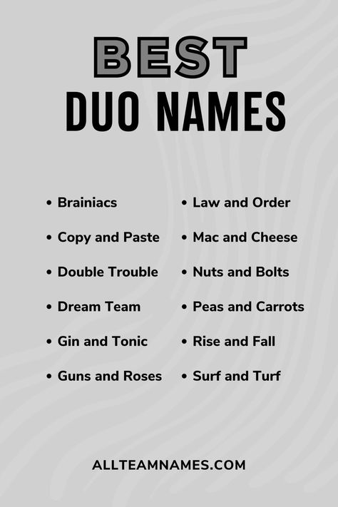 Best Duo Names Duo Group Names Ideas, Duo Youtube Channel Names, Podcast Names For Best Friends, Duo Names For Best Friends, Duo Team Names, Duo Name Ideas, Names For Bestie, Trivia Team Names Funny, Names For Teams