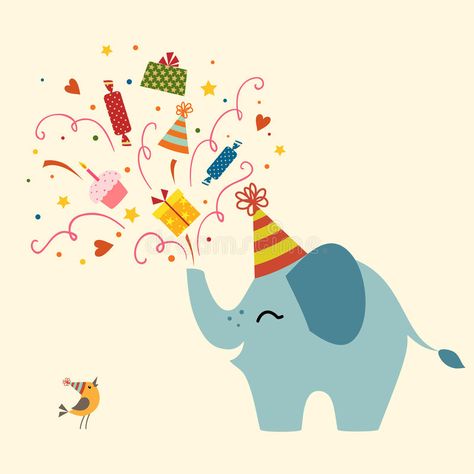 Birthday greeting card vector illustration Cute Elephant Illustration, Colorful Birthday Cake, Cartoon Template, Birthday Vector, Party Horns, Party Cartoon, Birthday Cartoon, Elephant Illustration, Birthday Party Stickers