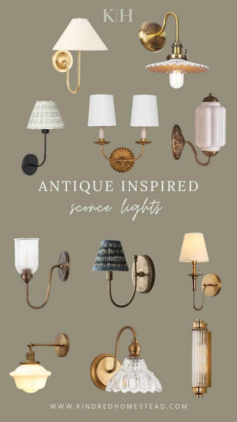 Antique-inspired sconce lights bring a touch of timeless elegance and charm to any space, seamlessly blending historical aesthetics with modern functionality. These lighting fixtures often feature intricate designs, such as ornate metalwork or delicate glass shades, reminiscent of the craftsmanship found in bygone eras. English Tudor Lighting, Traditional Sconces Living Room, Antique Bathroom Vanity Lighting, Studio Mcgee Sconces, Wall Sconces In Stairwell, Sconces Over Fireplace Mantle, Nancy Meyers Light Fixtures, Sconces Next To Art, Scones Above Fireplace