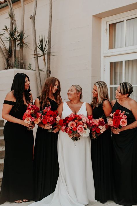 A bright Ebell of Los Angeles wedding full of pink & red blooms Black Bridesmaid Dresses Red Flowers, Black Bridesmaid Dresses Colored Flowers, Colourful Bridesmaid Dresses, Pink And Black Wedding Theme, Pink And Red Wedding Flowers, Red Wedding Florals, Black White And Red Wedding, Pink Red Wedding, Bright Floral Wedding