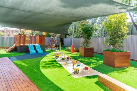 An outdoor childcare sheltered by blackish grey sail shades and has grass floor. There is platform connected to the two blue slides in the back and in front there is a rectangular sandpit. Childcare Outdoor Environments, Daycare Center Ideas, Daycare Room Design, Preschool Montessori, Learning Preschool, Reggio Emilia Approach, Daycare Design, Childcare Business, Early Childhood Learning