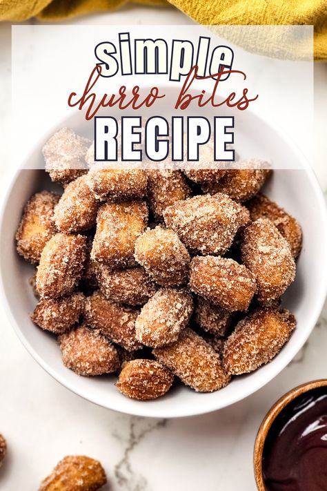 Are you craving something sweet and sugary? This is the recipe for you. With less than 6 ingredients and 30 minutes, you can satisfy your sweet tooth with these deliciously simple churro bites! Desserts For School, Churro Bites Recipe, No Bake Easy Dessert, Desserts For Halloween, Churro Dessert, Gluten Free Churros, 5 Minute Desserts, Desserts For Diabetics, Easy Impressive Dessert