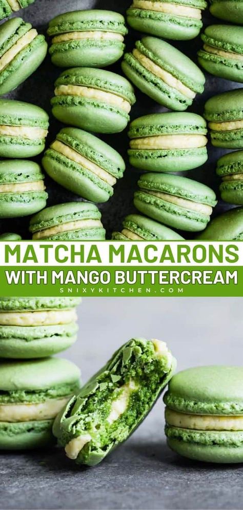 These matcha macarons have a crispy shell and a chewy center with a deep matcha flavor! With tips & tricks on perfecting macarons! Best Homemade Cookies, Mango Buttercream, Matcha Dessert Recipes, Almond Flour Desserts, Matcha Macarons, Matcha Desserts, Christmas Dessert Ideas, Easy Dessert Recipes Christmas, Fruit Desserts Easy