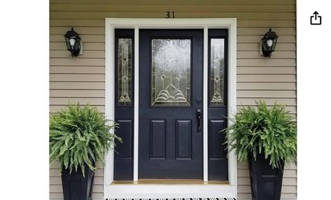 Front Door Home Depot, Black Door Porch Decor, Black Front Door And Black Shutters, Black Front Door Planters, Black Door Tan House, Tan House With Black Door, Front Door Ferns, Black Door Front Porch Decor, Ferns By Front Door