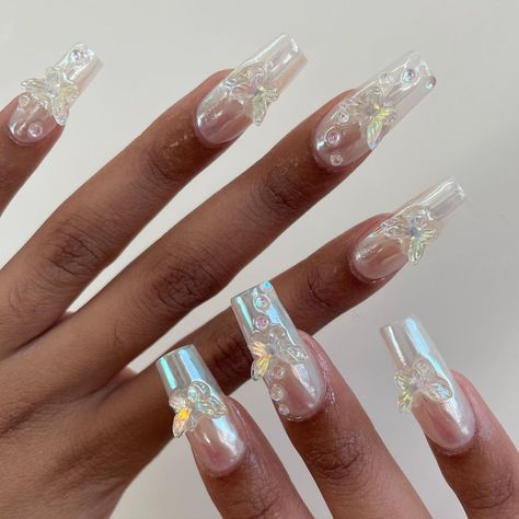 @nailsinurcoffin • Instagram photos and videos Chrome Butterfly Nails, Butterfly Nail Ideas, Chrome Butterfly, Clear Chrome, Butterfly Nail Designs, Clear Acrylic Nails, Butterfly Nails, Chrome Nails Designs, Spring Acrylic Nails