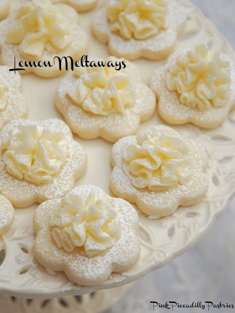 Lemon Meltaway Cookies, Flower Shaped Cookies, Tea Party Cookies, Meltaway Cookies, Tea Party Food, Clotted Cream, Lemon Cookies, Lemon Desserts, Lemon Recipes