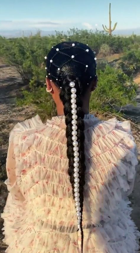 Ponytail With Pearls Black Women, Black Mermaid Hairstyles, Bejeweled Ponytail, Fendi Headband Outfit, Pearls In Hair Black Woman, Exotic Hairstyles For Black Women, Waterfall Braid Hairstyle, Waterfall Braids, African Bride