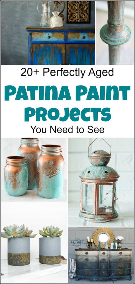 Patina paint projects are perfect for those who love that aged patina effect. Not everyone loves shiny and new. Some of us are more drawn to old things. Patina paint can be used to age your furniture and create a worn metallic finish. Use a patina paint job on your next DIY creation for a worn aged look. #patinapaint #patinapaintjob #copperpatinapaint Metal Patina Diy, Diy Patina Paint, How To Paint Patina Look, Faux Patina Paint Diy, Diy Copper Patina Paint, Patina Paint Job, Copper Patina Paint, Rehab Furniture, Patina Diy