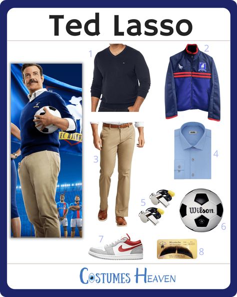 Air Jordan 1 Brown, Ted Lasso Costume, Coach Costume, Ball Nike, Costume Guide, Soccer Coach, Blue Button Down Shirt, Ted Lasso, Soccer Coaching