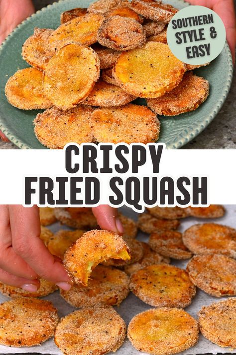 A collage of two images: the top shows a green plate filled with crispy fried squash slices, and the bottom shows a hand holding a bite-sized piece of fried squash above a baking sheet lined with more slices. Crispy Fried Squash, Fried Zucchini And Yellow Squash Recipes, Fried Yellow Squash Recipes, Fried Squash And Zucchini, Fried Summer Squash, Oven Fried Squash, Southern Fried Squash, Fried Squash Recipes, Fried Yellow Squash